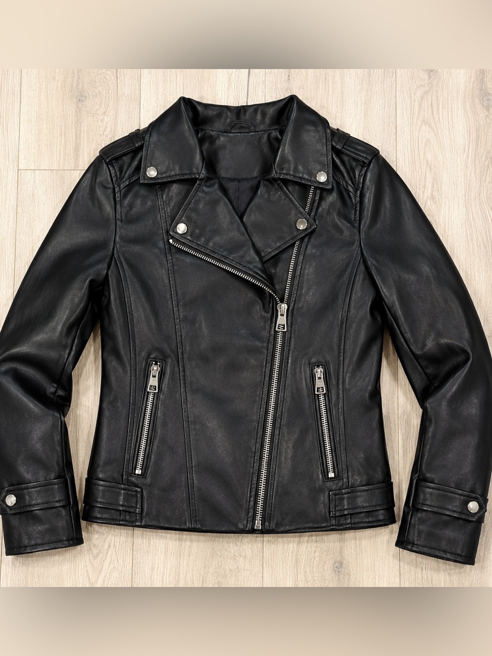 Zara Kids Black Faux Leather Moto Jacket Size 10 (140 cm) Biker Jacket